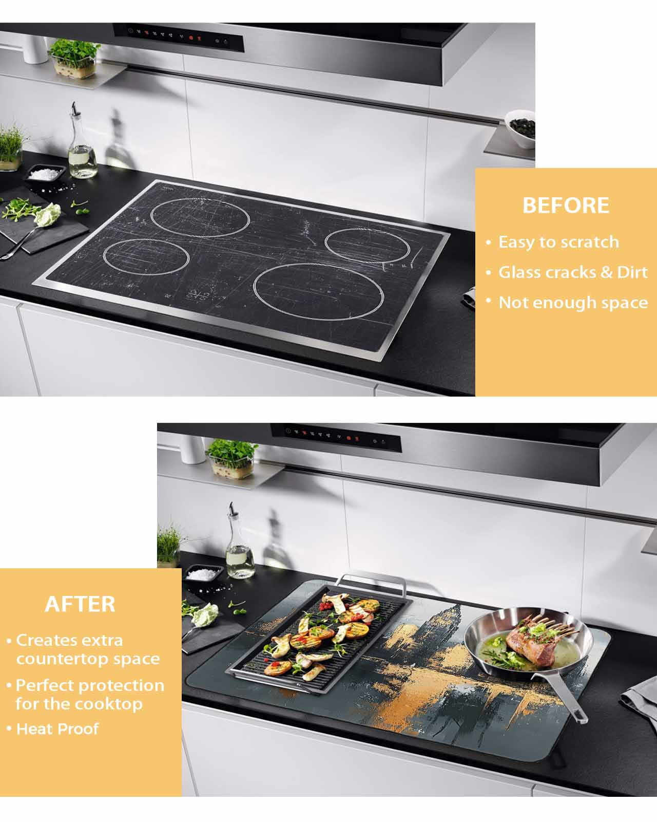 nqOlkjepod Large Induction Cooktop Protector Mat 24"x21", Gold Black Building Stove Top Covers for Electric Stove, Modern Chic City Oil Painting Stove Burner Cover Mats, Glass Top Stove Cover