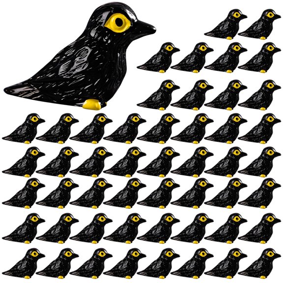 50 Pack Mini Resin Crow Figures – Halloween Gothic Scene Decor, Black with Yellow Eyes, Realistic Detailing, for DIY Dioramas, Wreaths, Party Favors & Spooky Decorations