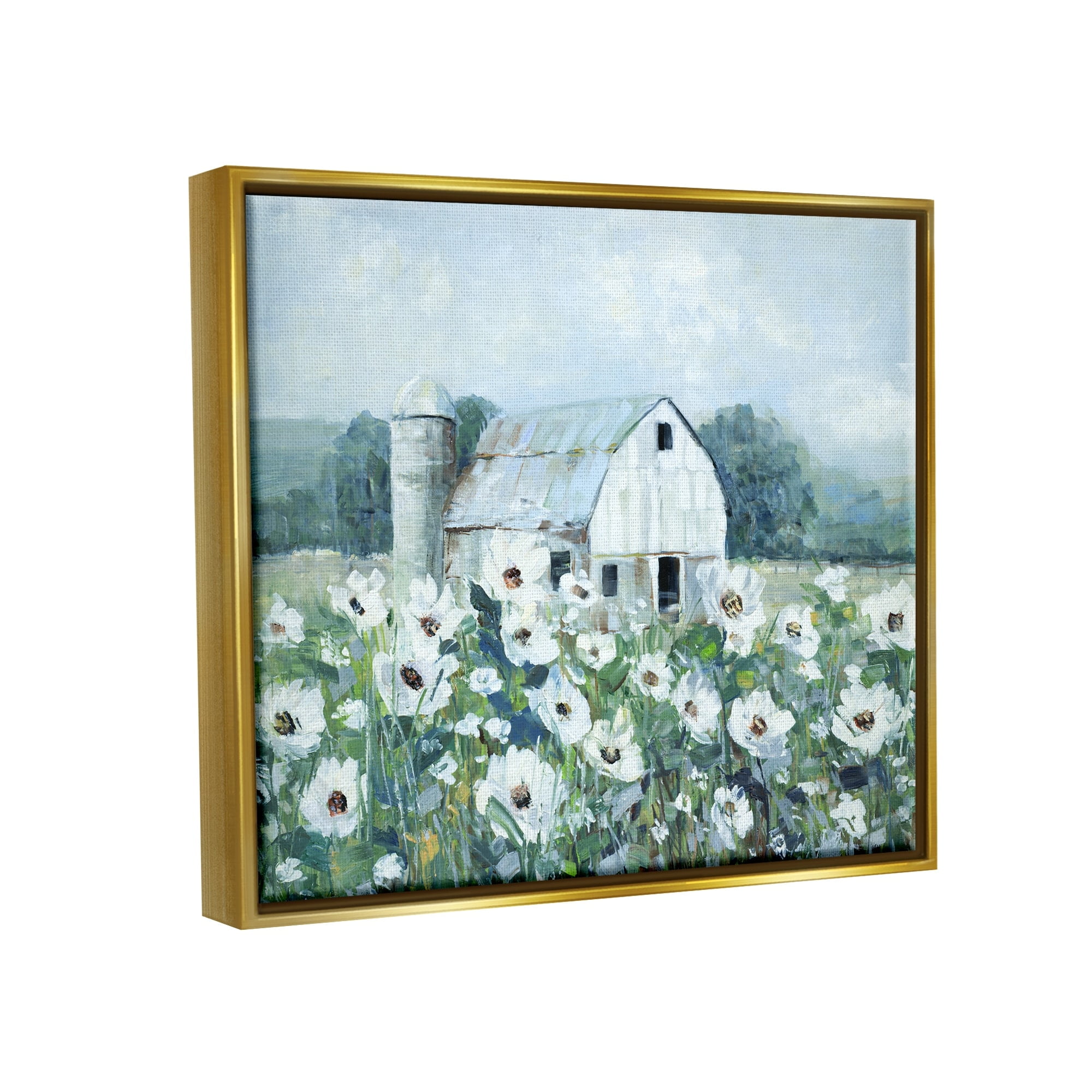 Stupell Industries Rural Anemone Flower Meadow White Farmland Barn Painting Metallic Gold Floating Framed Canvas Print Wall Art, Design by Sally Swatland