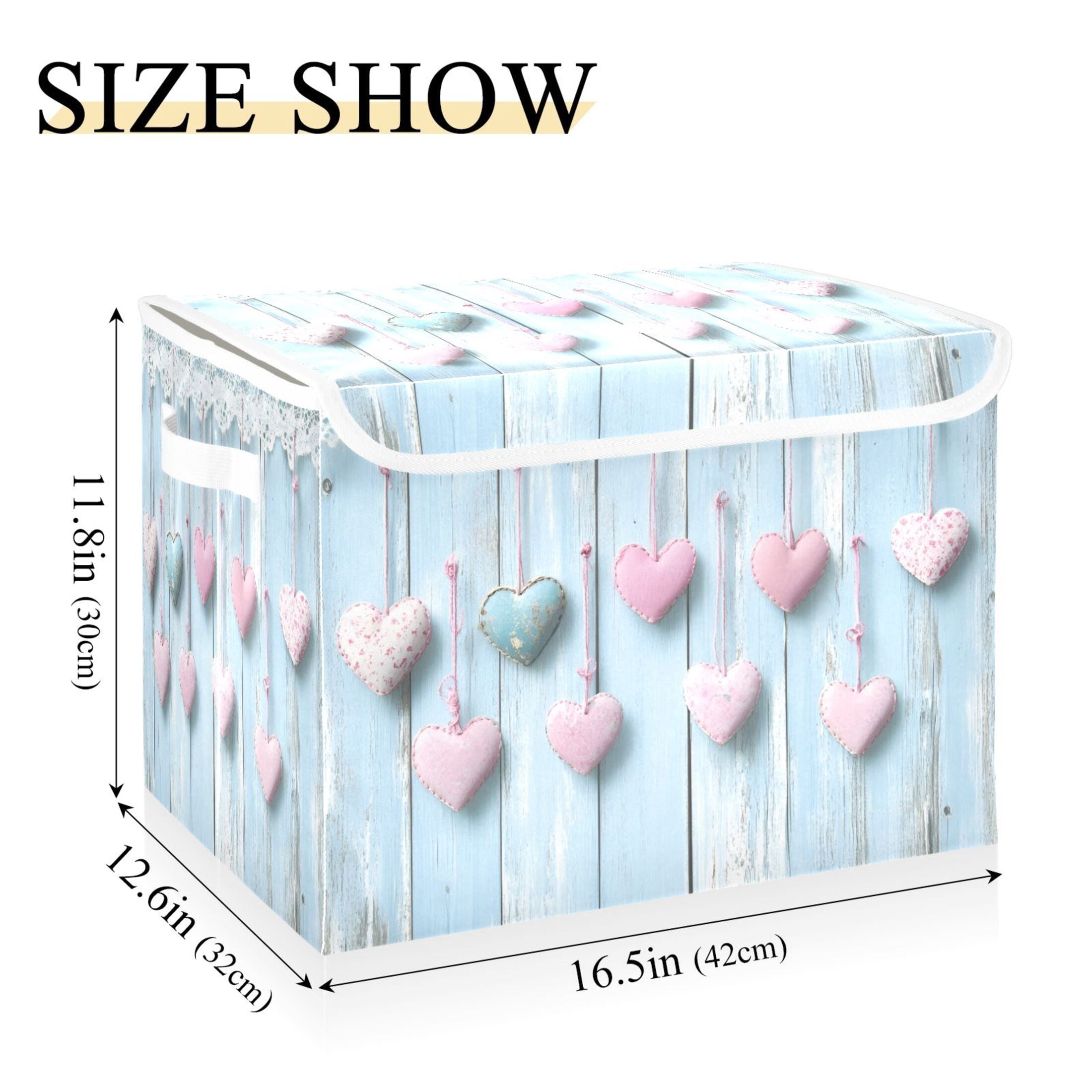 Ryvnso Pink Hearts Wooden Large Lidded Foldable Storage Baskets Cubes Boxes Lids Bin for Home