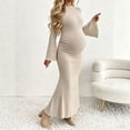 thumbnail image 2 of Purcolt Womens Maternity Ribbed Knit Maxi Dress Elegant Ruffled Trim Mock Neck Flare Long Sleeve Mermaid Dress Comfort Stretchy Slim Fit Bodycon Long Dress, 2 of 9