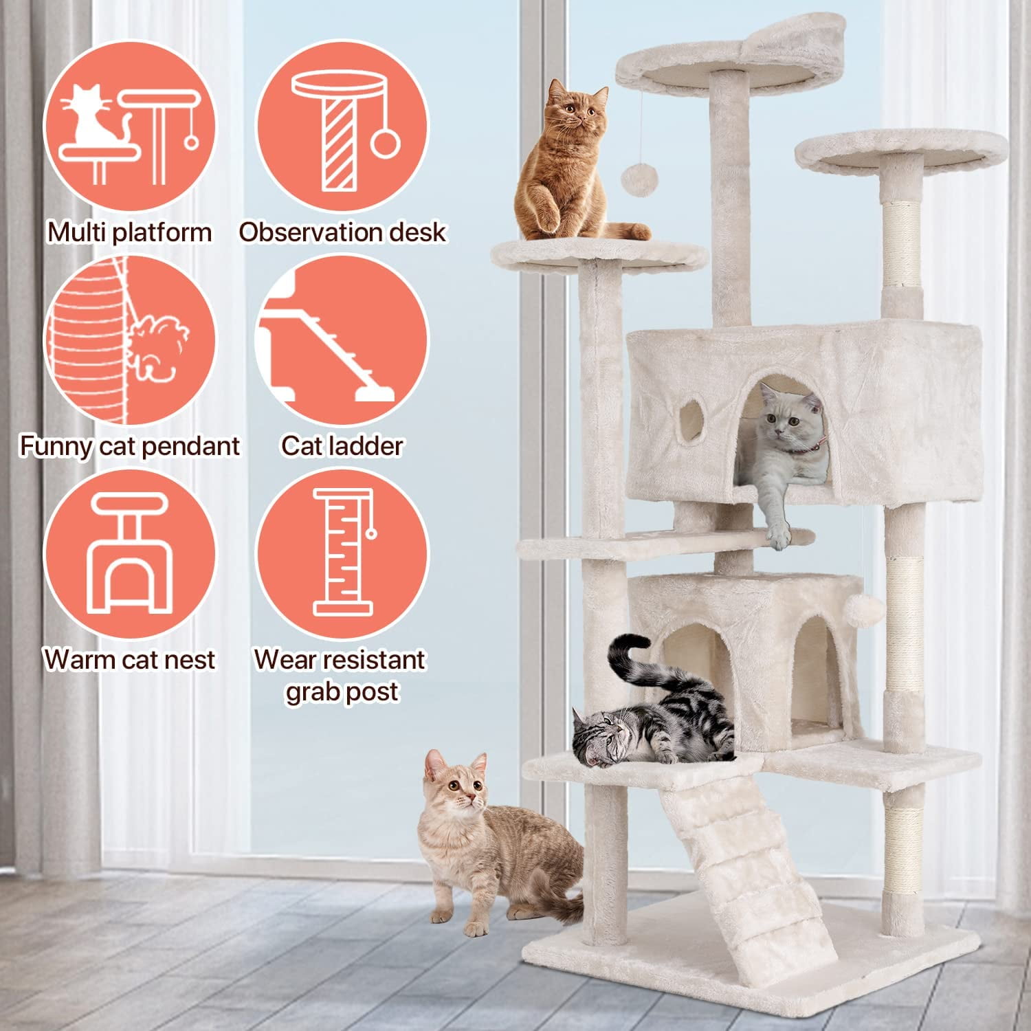 NiamVelo 54-in Double Condo Cat Tree Tower Playhouse with Scratching Post & Perch for Indoor, Beige