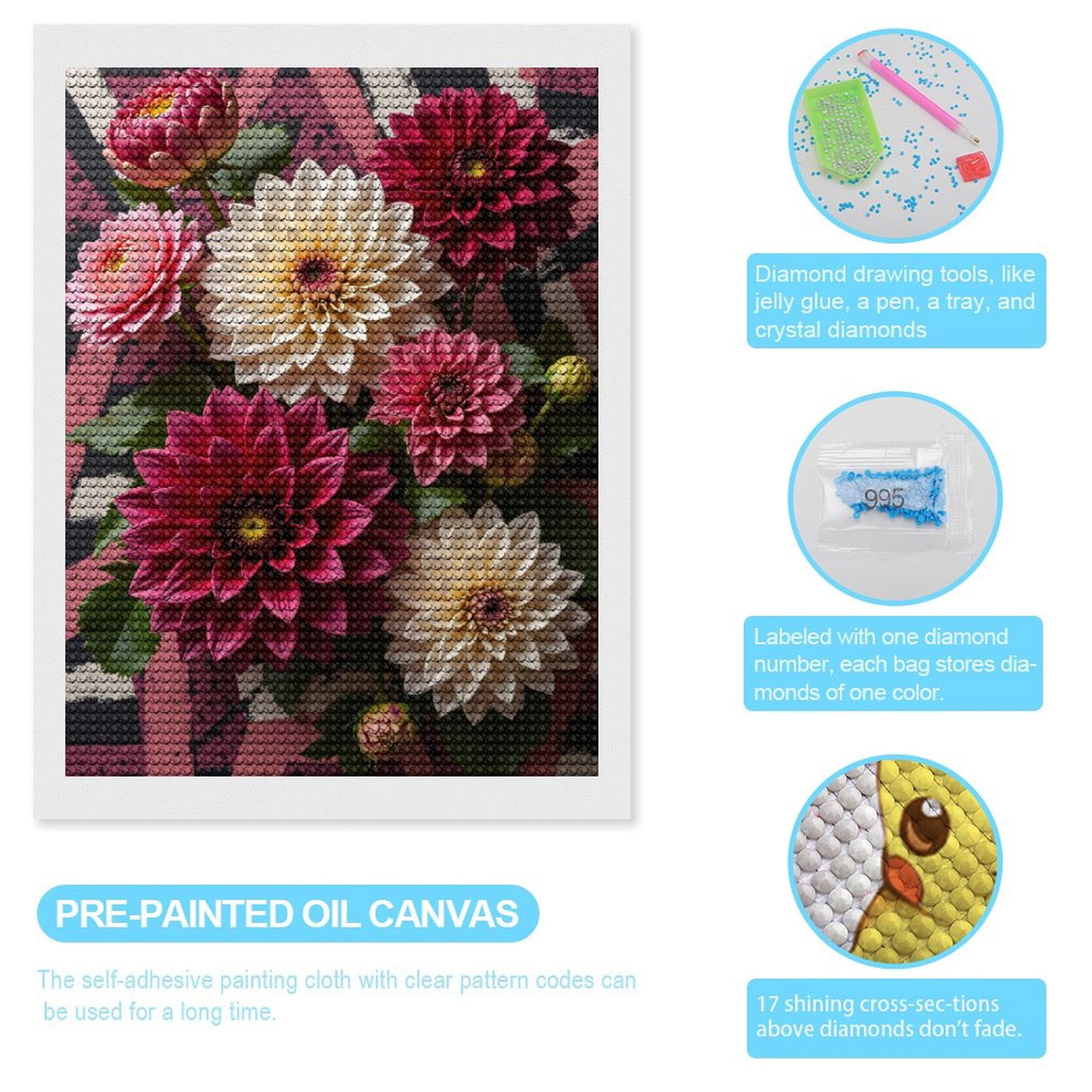Diamond Art Kits for Adults, Floral Dahlia Bouquet Vibrant Pattern 5D Diamond Painting Kits for Adults Beginners, DIY Full Drill Diamond Painting, Gem Art and Crafts 12x16