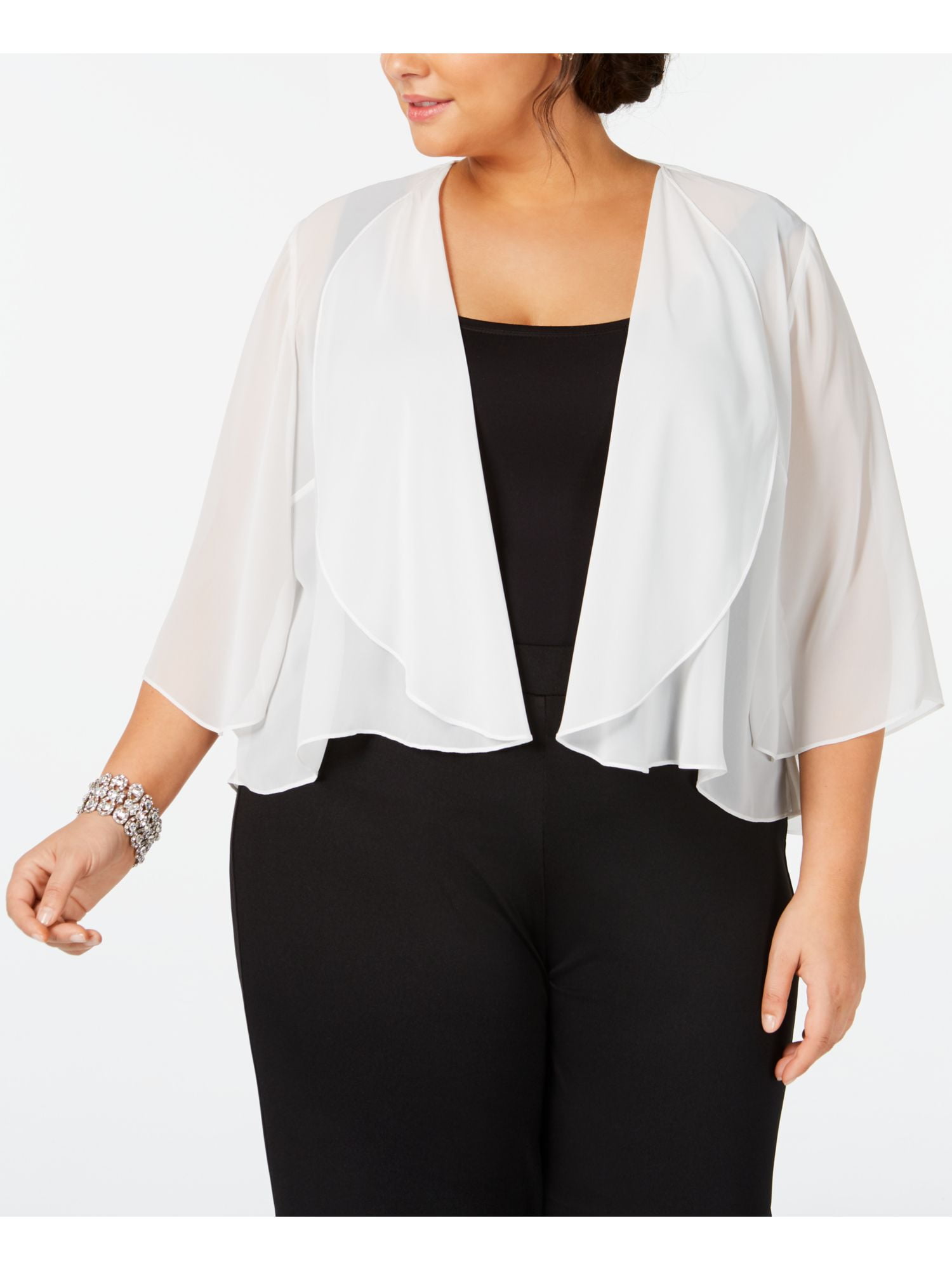 ALEX EVENINGS Womens White Sheer Open Front Bolero Jacket Plus 1X
