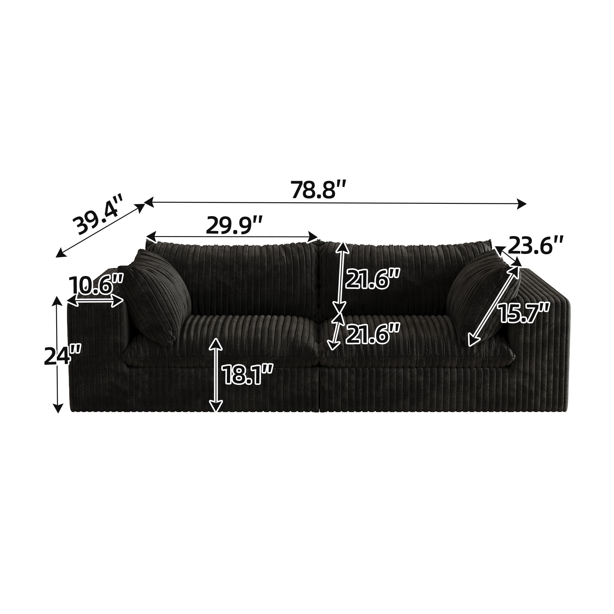 MAYEERTY 39.8" Cloud Sofa Black Corduroy Deep Seat Double-Layer Removable Cushion No Assembly Multi-Rooms