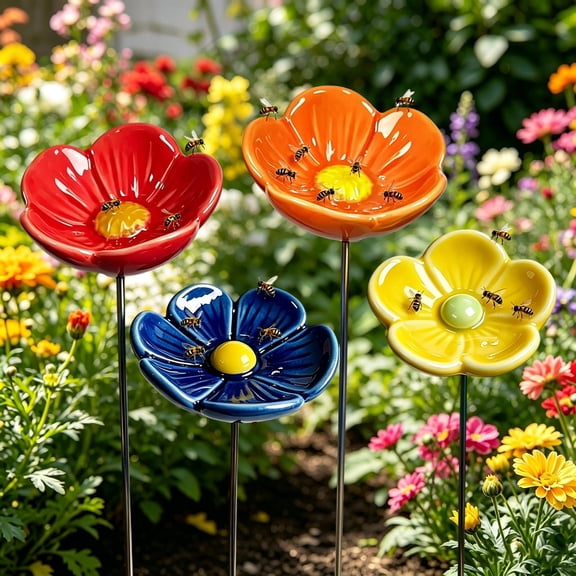 Ceramic Bee Watering Station for Garden, Blossom Water Cups for Bees | Handmade Flowers Water Dish for Bees, Butterflies & Birds, Pollinator