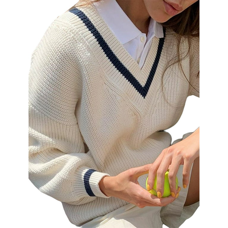wybzd Women Y2K Knitted Sweater V-neck Long Sleeve Casual Oversized  Pullover Preppy Style Knitwear Harajuku Streetwear White L