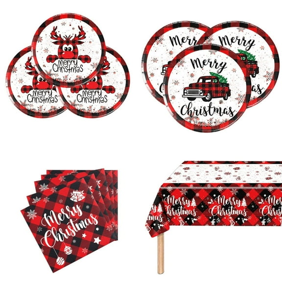 Christmas Party Supplies Dinnerware Set Christmas Tableware with Buffalo Plaid Paper Plate Napkin Tablecloth Red and Black Plaid Deer for Christmas Holiday Xmas Birthday Decorations | Serve 24