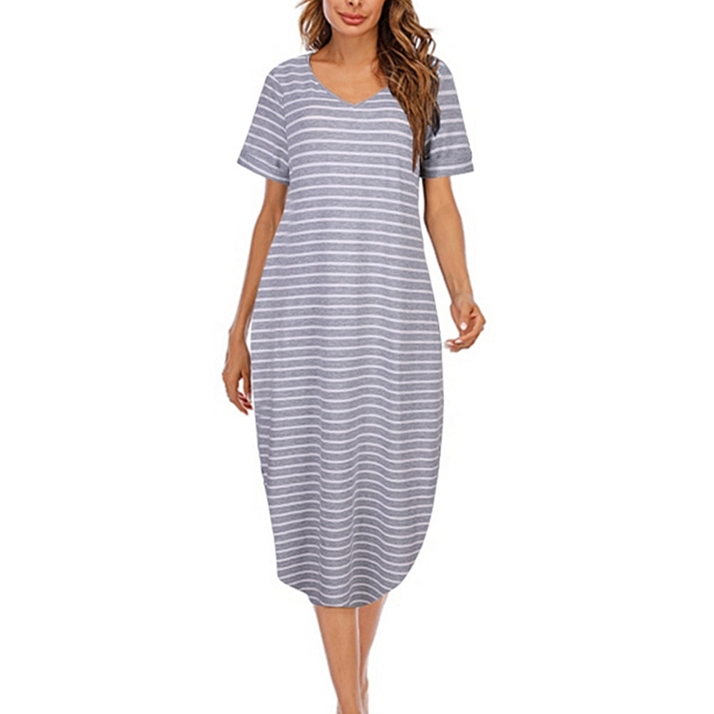 Womens Long Nightdress Ankle-Length Nightgowns Short Sleeve V Neck ...