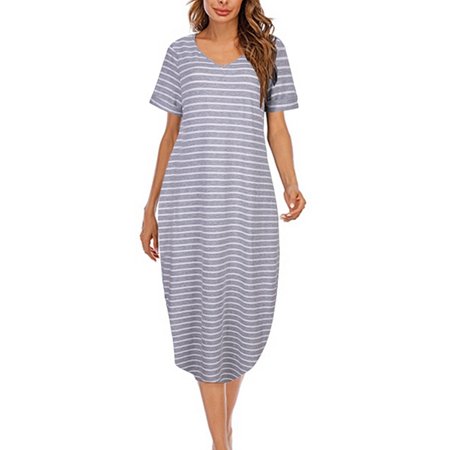 

Womens Long Nightdress Ankle-Length Nightgowns Short Sleeve V Neck Loungewear Pajamas Sleepwear with 2 Pockets Sleep Shirt Casual Cotton Plus Size Sleepdress for Girls House Dress Gray Stripe S-2XL