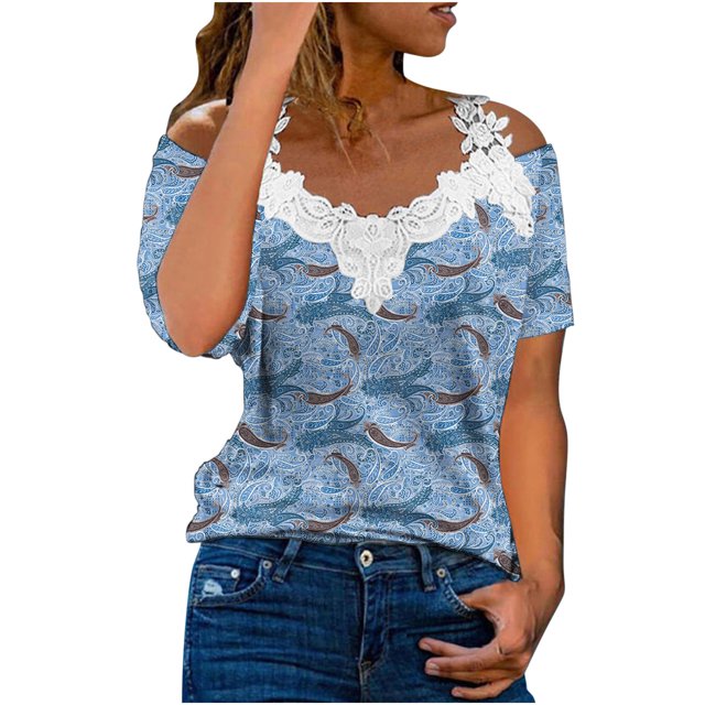 Blusa informal de manga corta con cuello en V y encaje con hombros descubiertos para mujer OAVQHLG3B Store lin121212