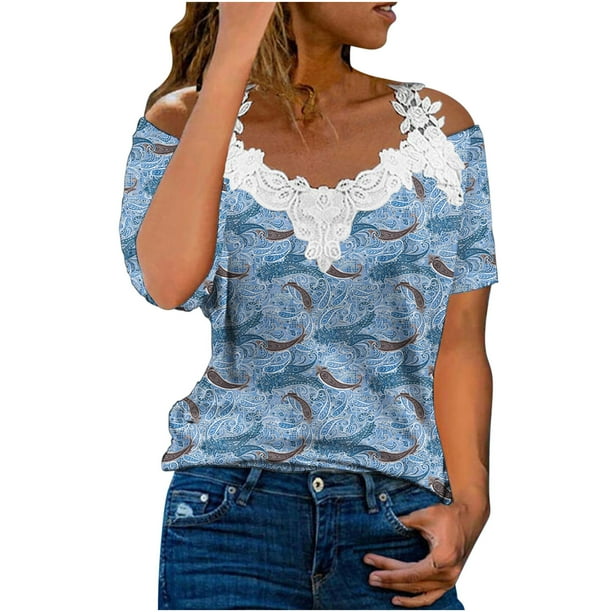 Blusa informal de manga corta con cuello en V y encaje con hombros descubiertos para mujer OAVQHLG3B Store lin121212