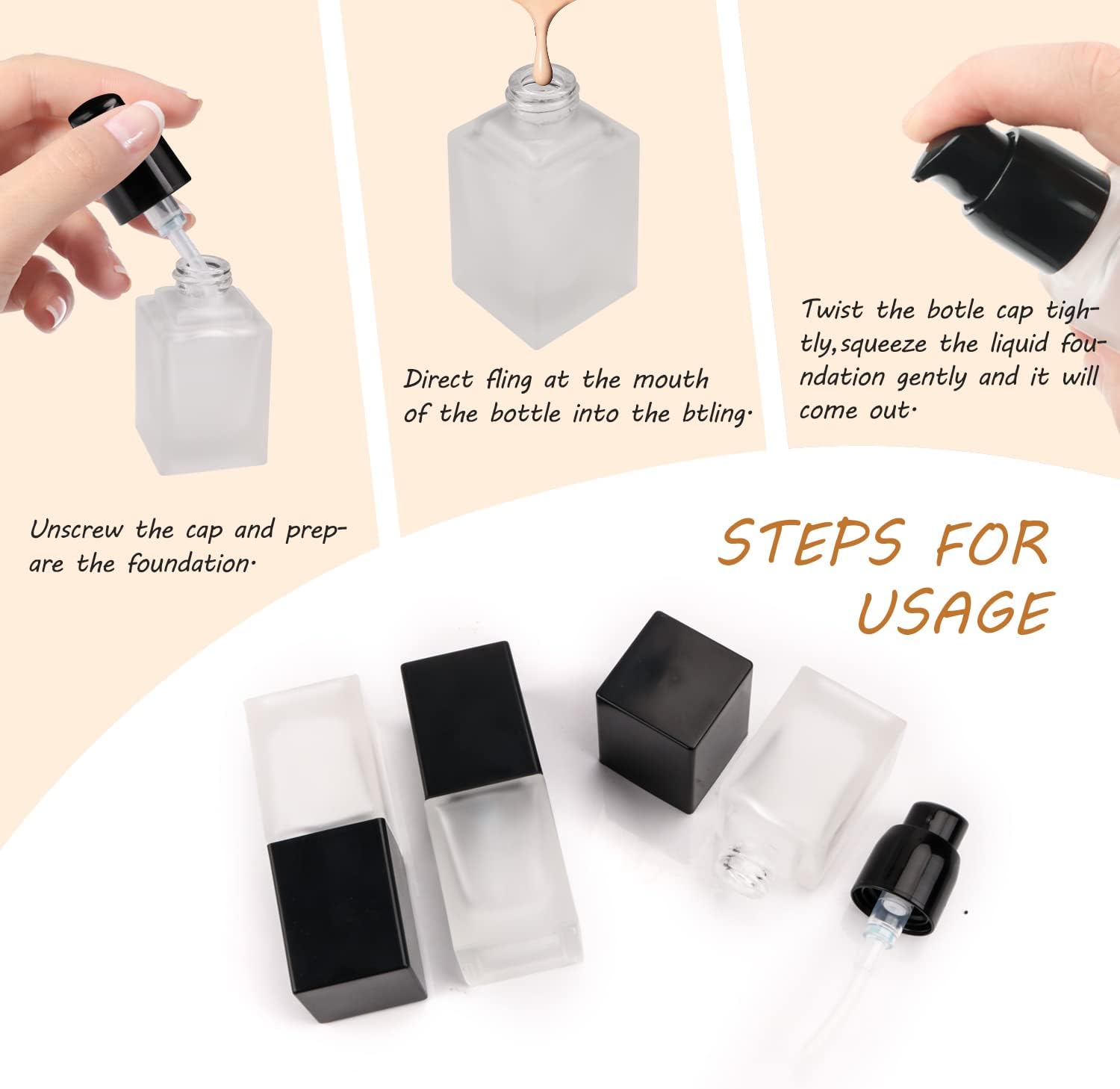 6 Pack 0.5oz Frosted Glass Foundation Bottle Travel Lotion Cream Sample Bottles With Black Pump Head