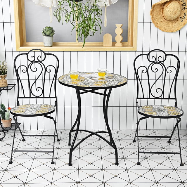 Costway 3PCS Patio Bistro Ensemble Mosaïque Design Chaises Pliantes Table Ronde Jardin