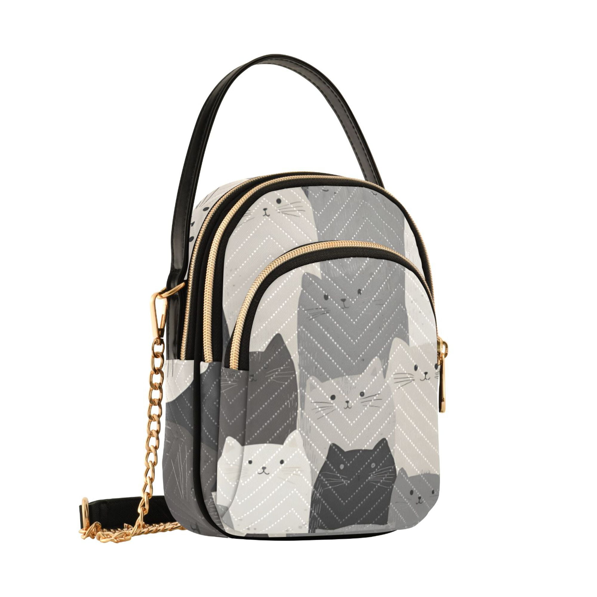 FORMRS Crossbody Bag for Women Quilted Travel Shoulder Cell Phone Purse with Chain Strap Handbag, Gray Cute Cats