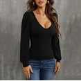 thumbnail image 7 of Dgankt Womens Shirts Fall Lantern Sleeves Low Collar Slim Knitted V-Neck Shirt,Sizes S-2XL, 7 of 7