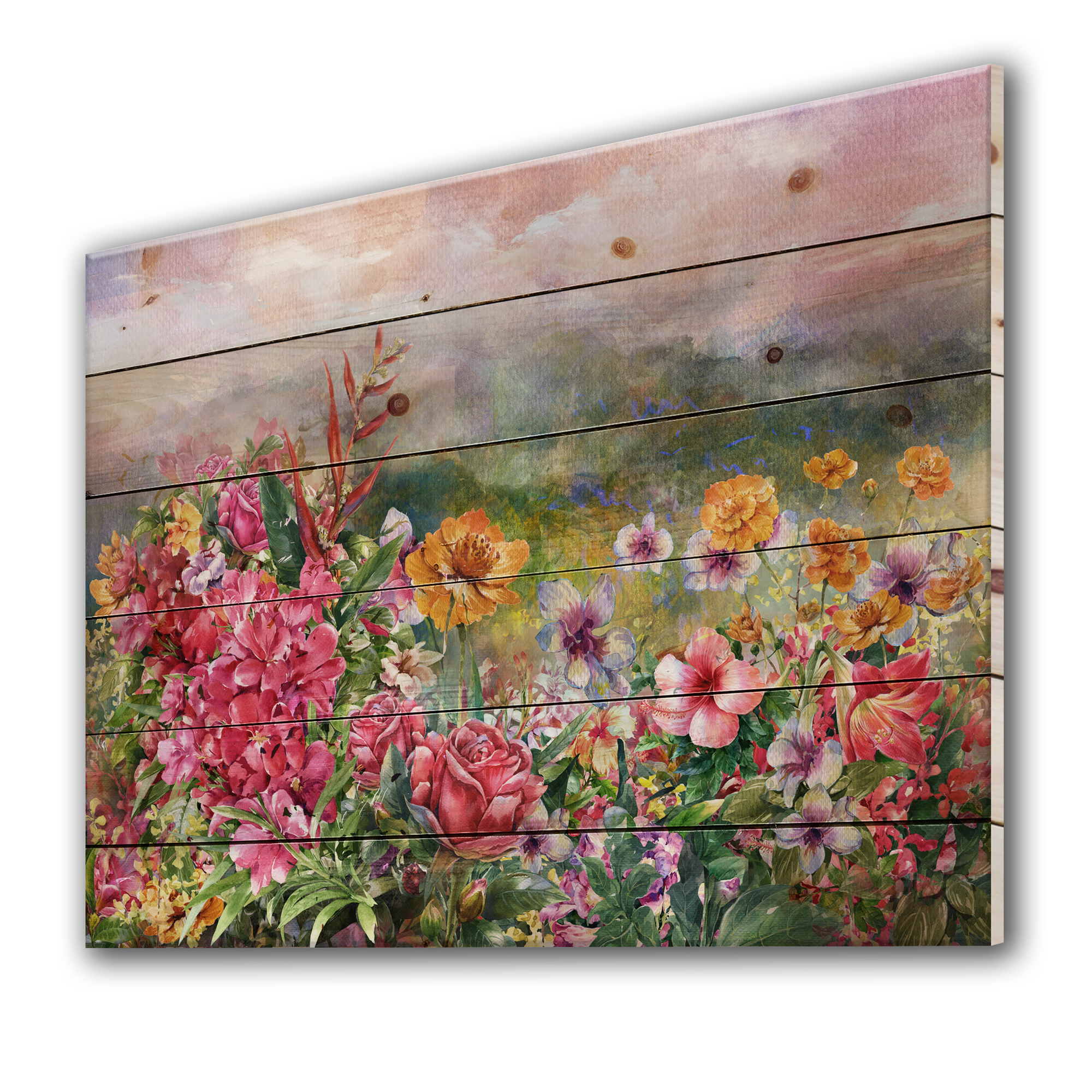 Designart 'Multicolored Spring Flowers With Misty Background' Farmhouse Print on Natural Pine Wood
