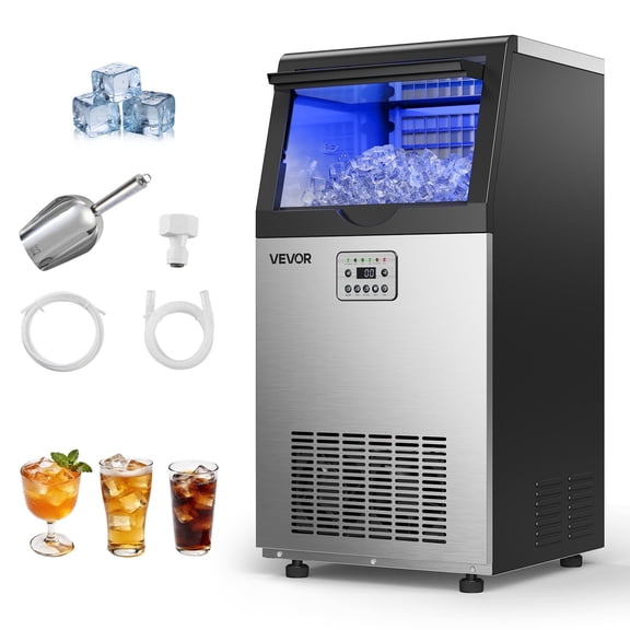 VEVOR Commercial Ice Maker Machine, 100 lbs/24h with 30 lbs Storage Capacity, Built-in/Freestanding/Under Counter, Stainless Steel Ice Maker with LED Display & Self-Cleaning, for Home Bar Restaurant