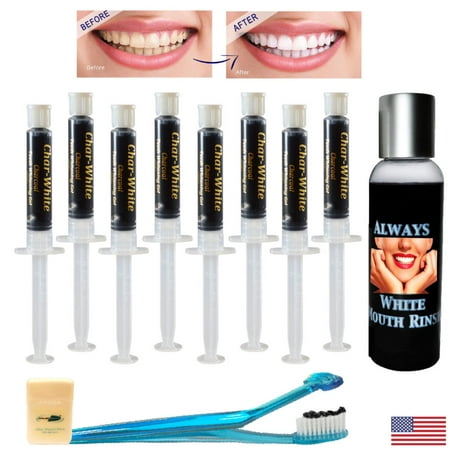 Natural Teeth Whitening Premium Kit -Activated Charcoal Gel ( Qty 8 ) + Mouth Rinse + Soft Toothbrush - Made in