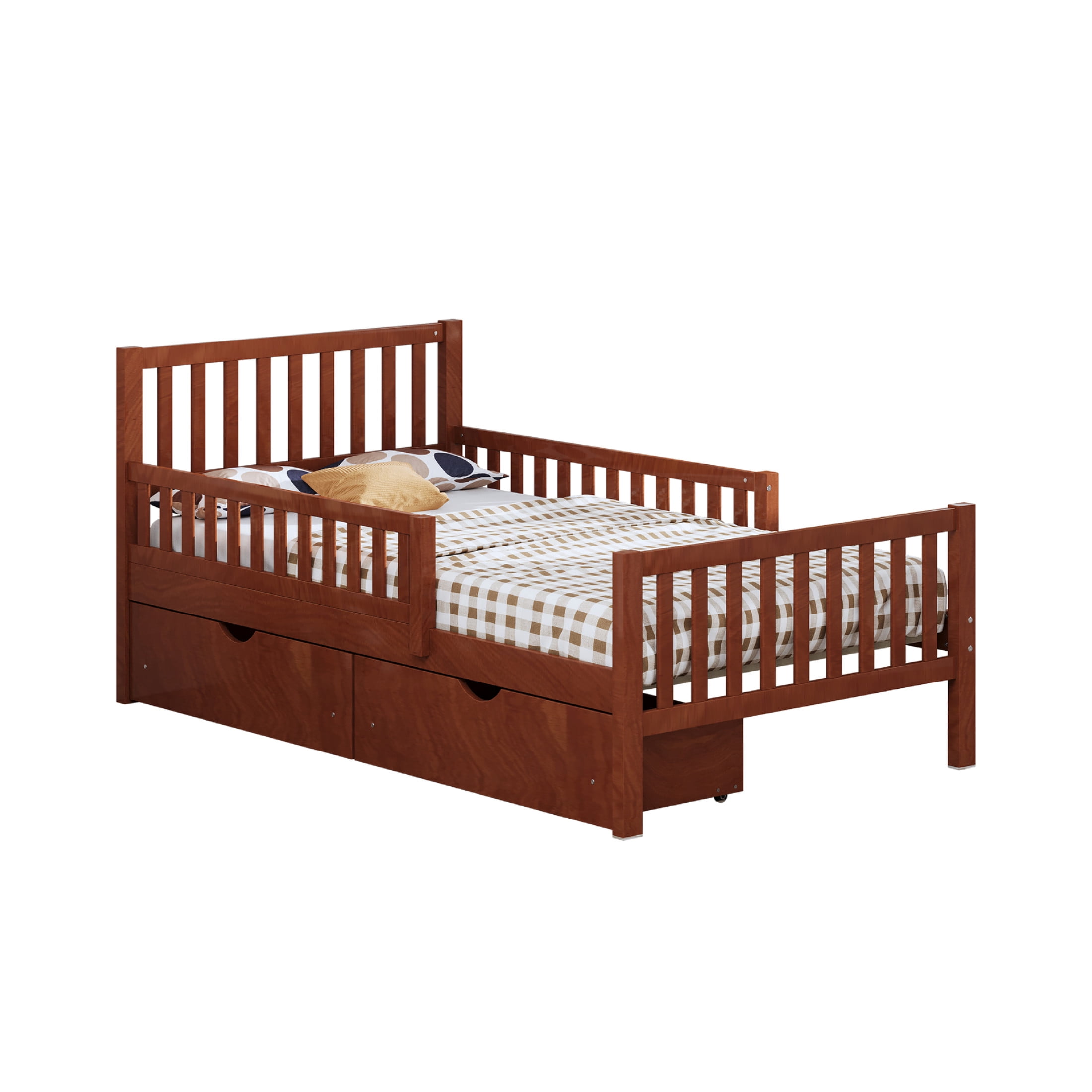 Noble House Twin Size Wood Platform Bed with Guardrails on Both Sides and Two Storage Drawers,Walnut