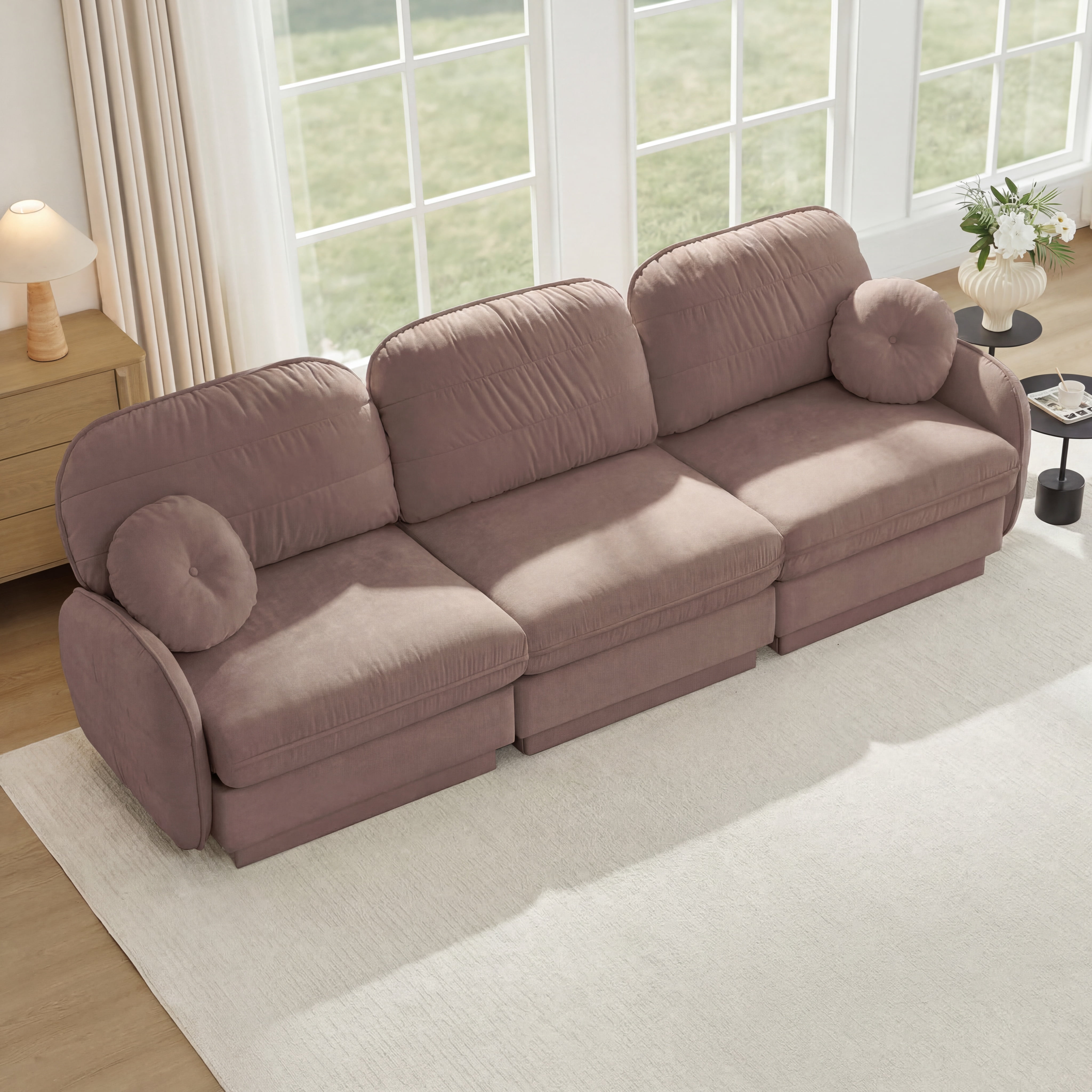 Mintazer 105" Chenille Cloud 3-Seater Modular Sectional Sofa with 2 Round Pillows, Easy Assembly Ergonomic Sofa Couch for Living Room, Apartment, Rose Dust