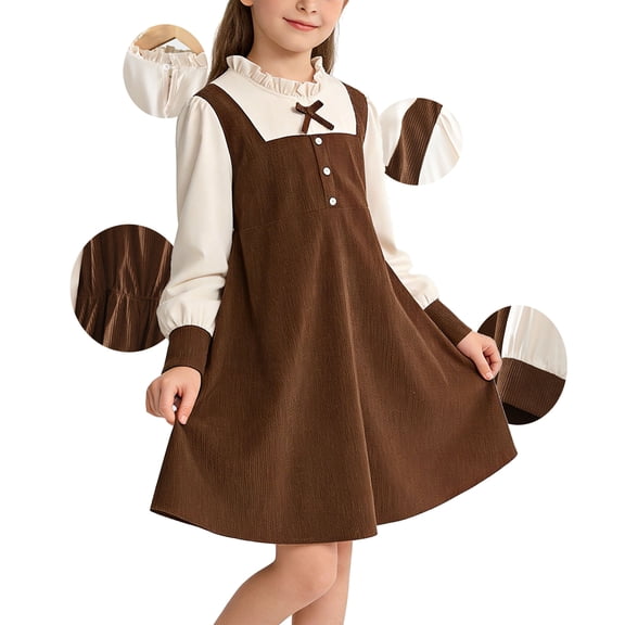 WAVSUF Girls Fall Winter Dress Long Sleeve A Line Round Neck Winter Warm Casual Dress Brown 10-12