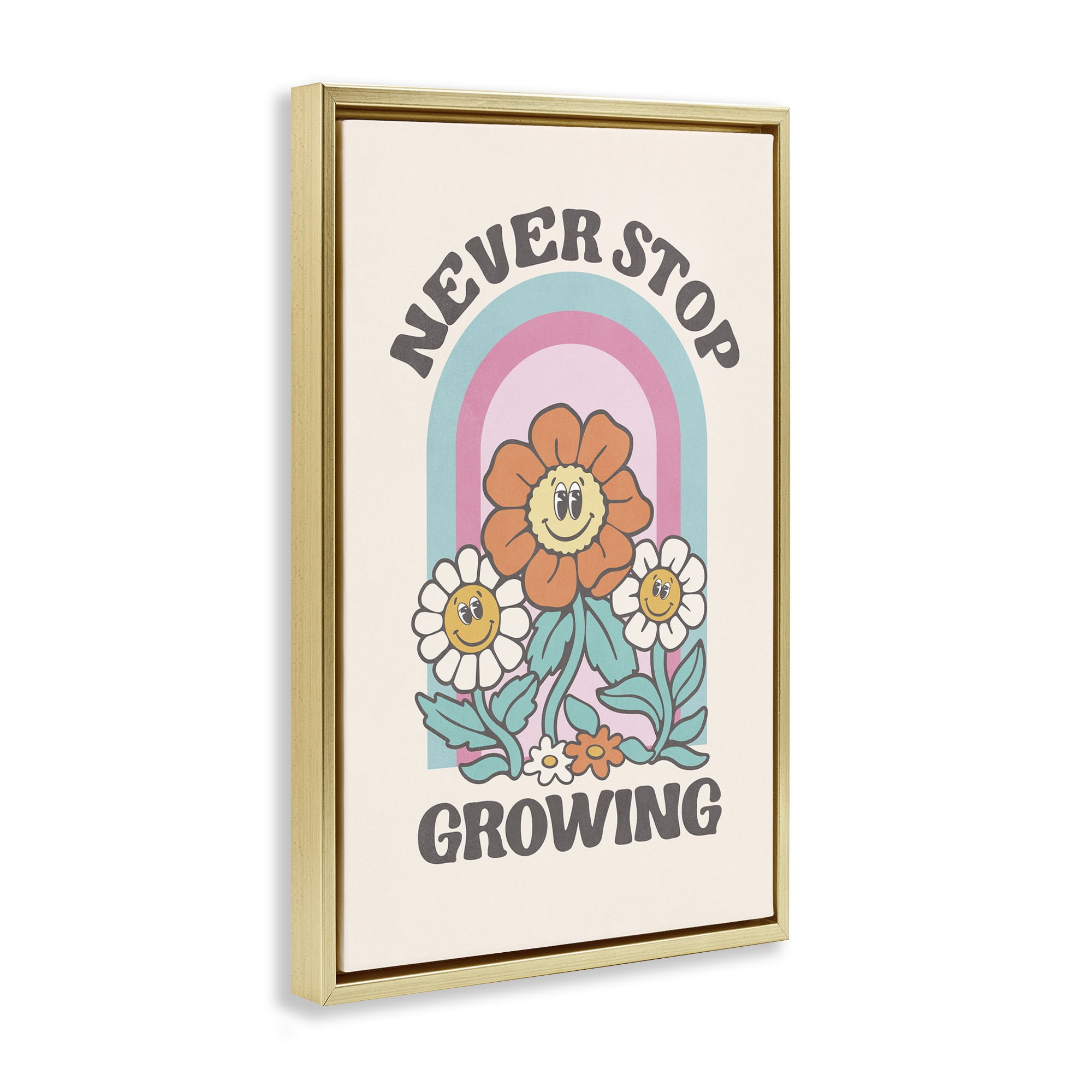 Stupell Industries Retro Never Stop Growing Plants & Flowers Painting Gold Floater Framed Canvas Art Print Wall Art, 17 x 25