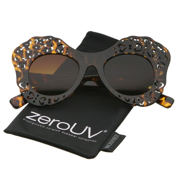 zeroUV Female Women's Laser Cutout Frame Colored Mirror Lens Oversize Butterfly Sunglasses (Tortoise / Amber) - 49mm