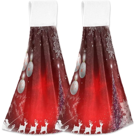 SKYSONIC 2 PCS Santa Claus Deer Christmas Hand Towels with Hanging Loop for Bathroom and Kitchen, Hanging Band Towel - Xmas Tree New Year Kitchen Dish Cloth and Bathroom Hand Towels Set , 12"x17"