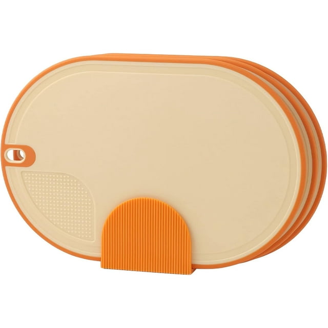Chopping Board Set of 3 with Storage Stand, Food Grade Plastic Cutting Board Set with Garlic Grinding Area for Different Food Types(Orange)