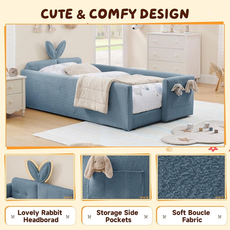 Twin Size Upholstered Platform Bed with Rabbit Ear Headboard, Kids Floor Bed with Storage Pocket & Safety Guardrail, No Box Spring Required