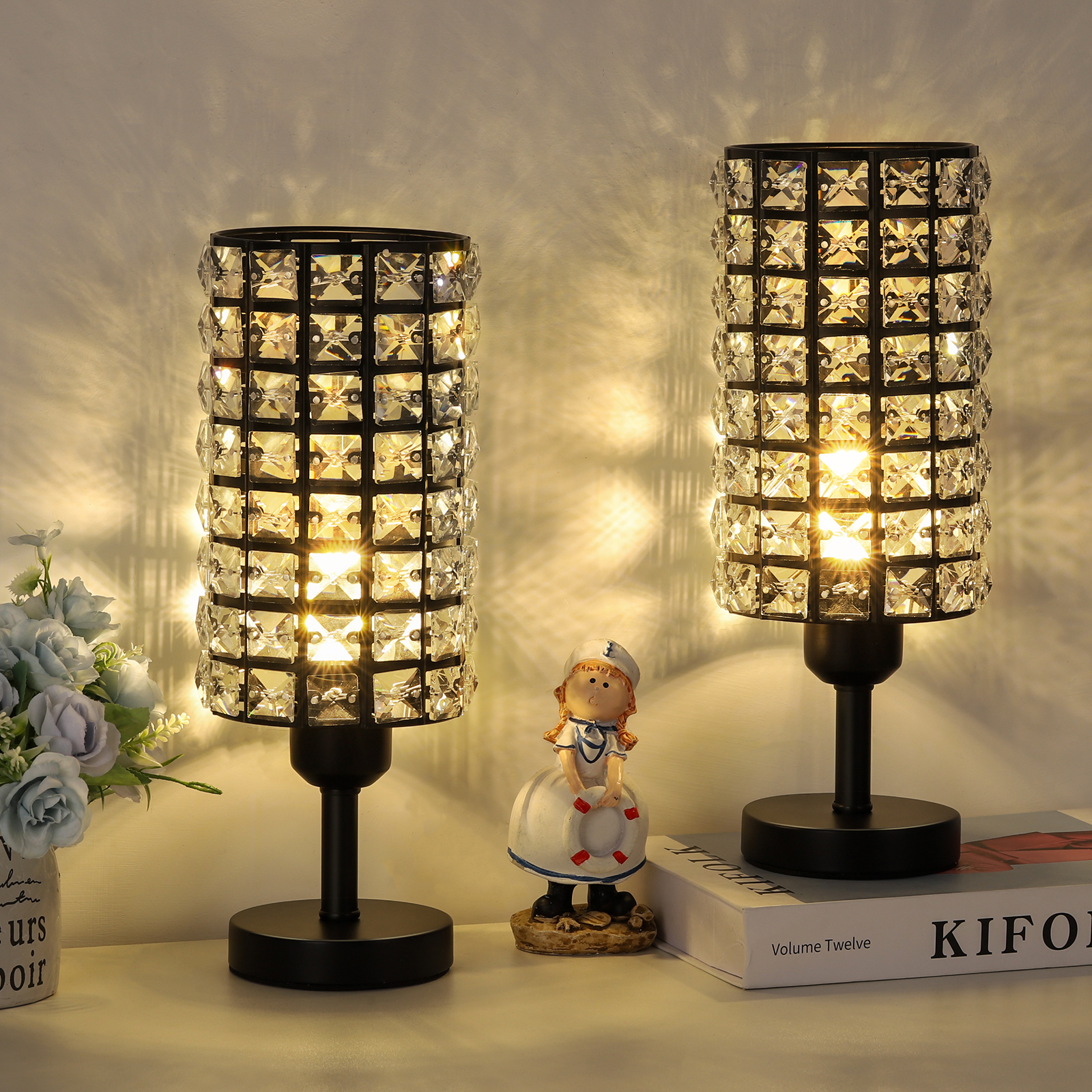 Elegant Modern Black Bedside Crystal Lamp Set of 2