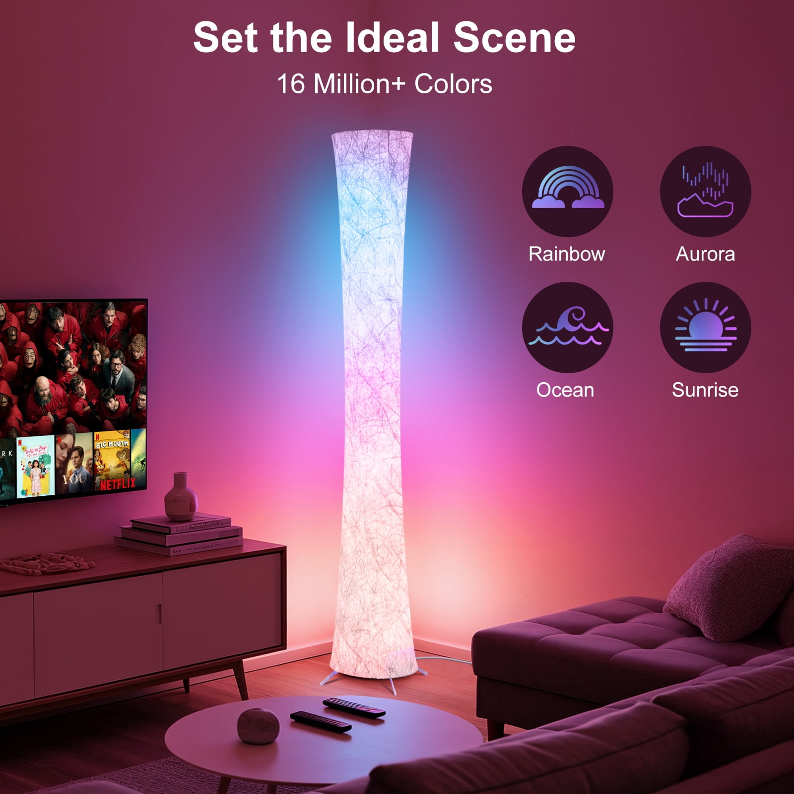 Floor Lamp, 61'' Smart RGB LED Corner Lamp with Music Sync and 16 Million DIY Colors, 3 Color Temperature, APP & Remote Control, Color Changing Standing Floor Lamp for Bedroom Living Room