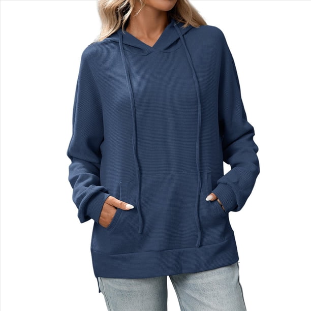 Sudadera con Capucha Extragrande para Mujer, Informal, de Larga, de Punto Gofre, con Cordón Ajustable y Abertura Lateral con Bolsillo. Azul Profundo M