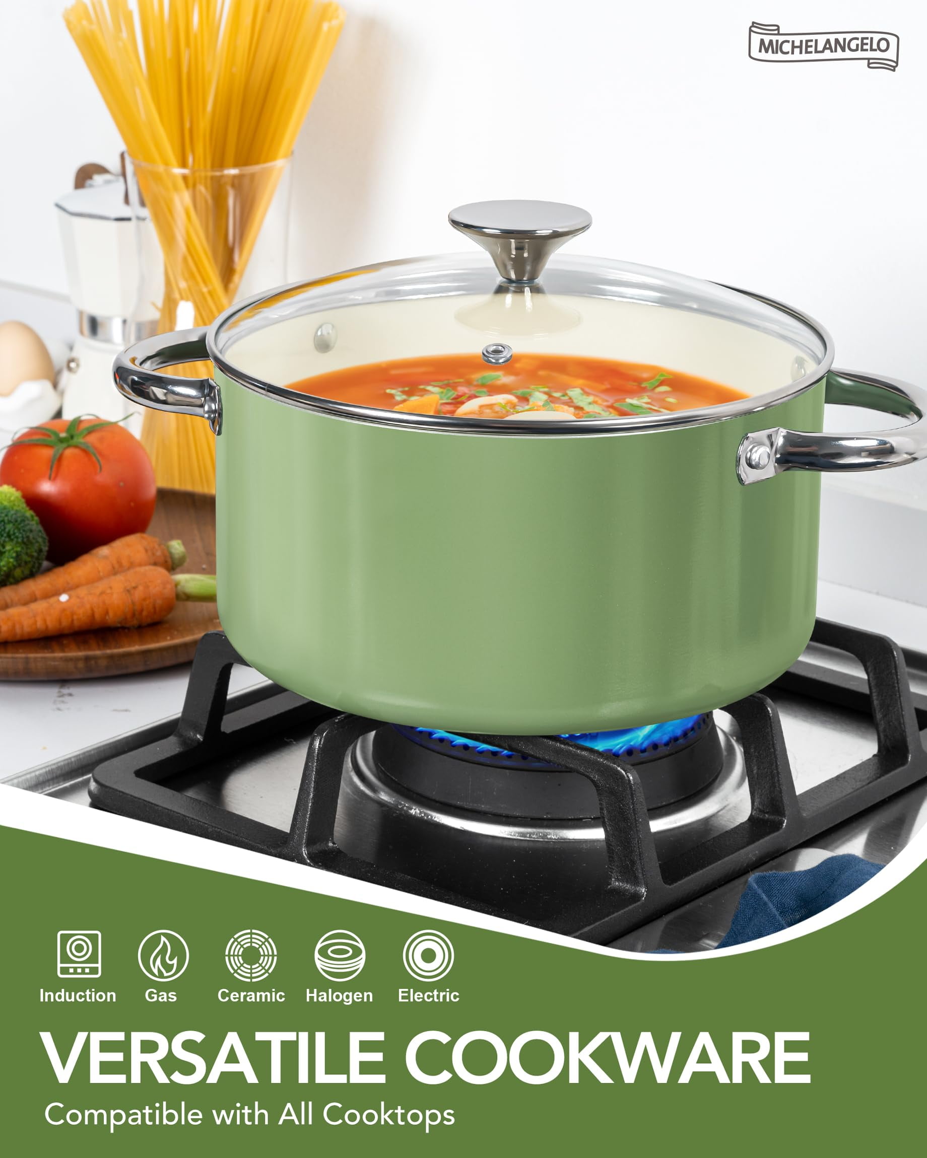 MICHELANGELO Pots and Pans Set Non Stick - Ceramic Cookware Set, 8-Pcs Nonstick Pots and Pans with Ergonomic Handle, Dishwasher Safe & Induction Compatible, Green