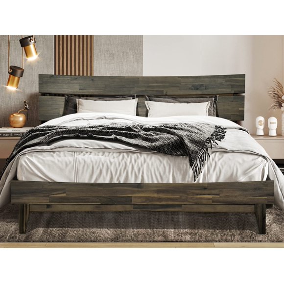 Acacia Aurora Bed Frame with Headboard Solid Wood Platform Bed, Queen Size Bed Frame, Unique Design Contemporary Signature Wood Bed Compatible with All Mattresses, Non-Slip and Noise-Free, Mocha