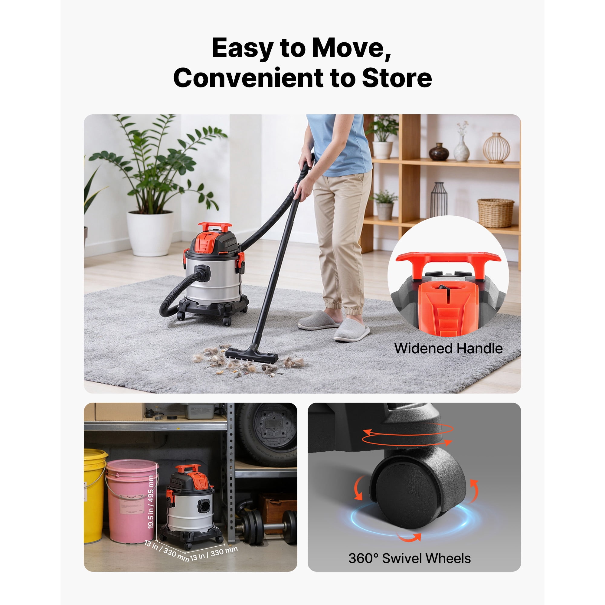 KFFKFF 5.8 Gallon Wet Dry Vacuum, 4 Peak HP Shop Vac with Self-Cleaning, Dual-Filter System, 900W Motor, 1.25in x 7ft Hose, 9.8ft Power Cord, Metal Tank for Jobsite, Workshop, Garage, Home