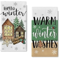 Hello Winter Kitchen Dish Towels Set of 2, Warm Winter Wishes Wooden House Pine Tree Hand Towels Drying Baking Cooking Cloth, Christmas Holiday Seasonal Farmhouse Home Kitchen Decor 18x26 Inch