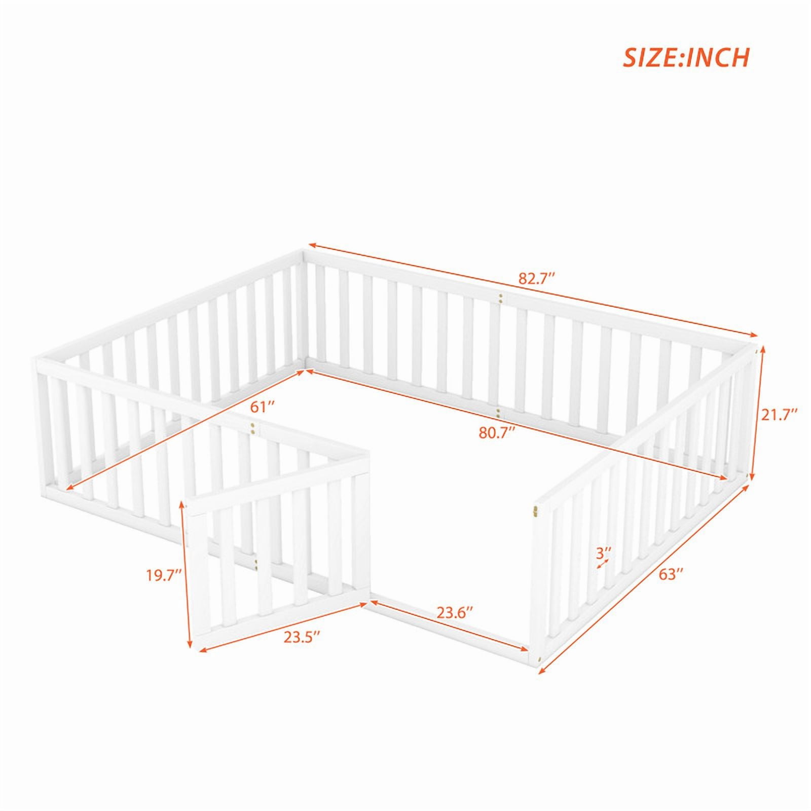 Queen Size Floor Bed Montessori Bed with Fence Guardrails and Door, Wooden Toddler Bed Playhouse Bed Platforn Bed for Boys Girls, No Slats