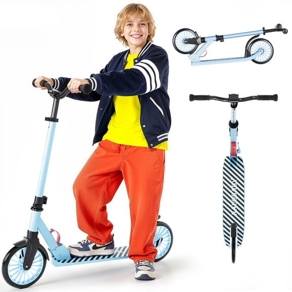 Kick Scooter for Kids, Foldable Lightweight Design with 4-Level Adjustable Handlebar & 8" Shock-Absorbing Wheels, Max Speed Up to 15 mph, Ages 6-18, Non-Electric, Light Blue