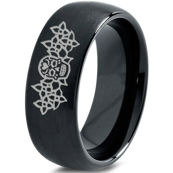 Tungsten Dia De Los Muertos Day of the Dead Band Ring 8mm Men Women Comfort Fit Black Dome Brushed Polished