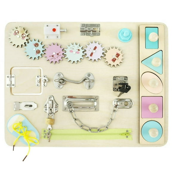 Toddler Montessori Busy Board Wooden Sensory Board Toys Portable Locks Latches Board Children Preschool Learning Activities Board Toy Kids Baby Early Educational Toys for 1-2 Years Old Bo