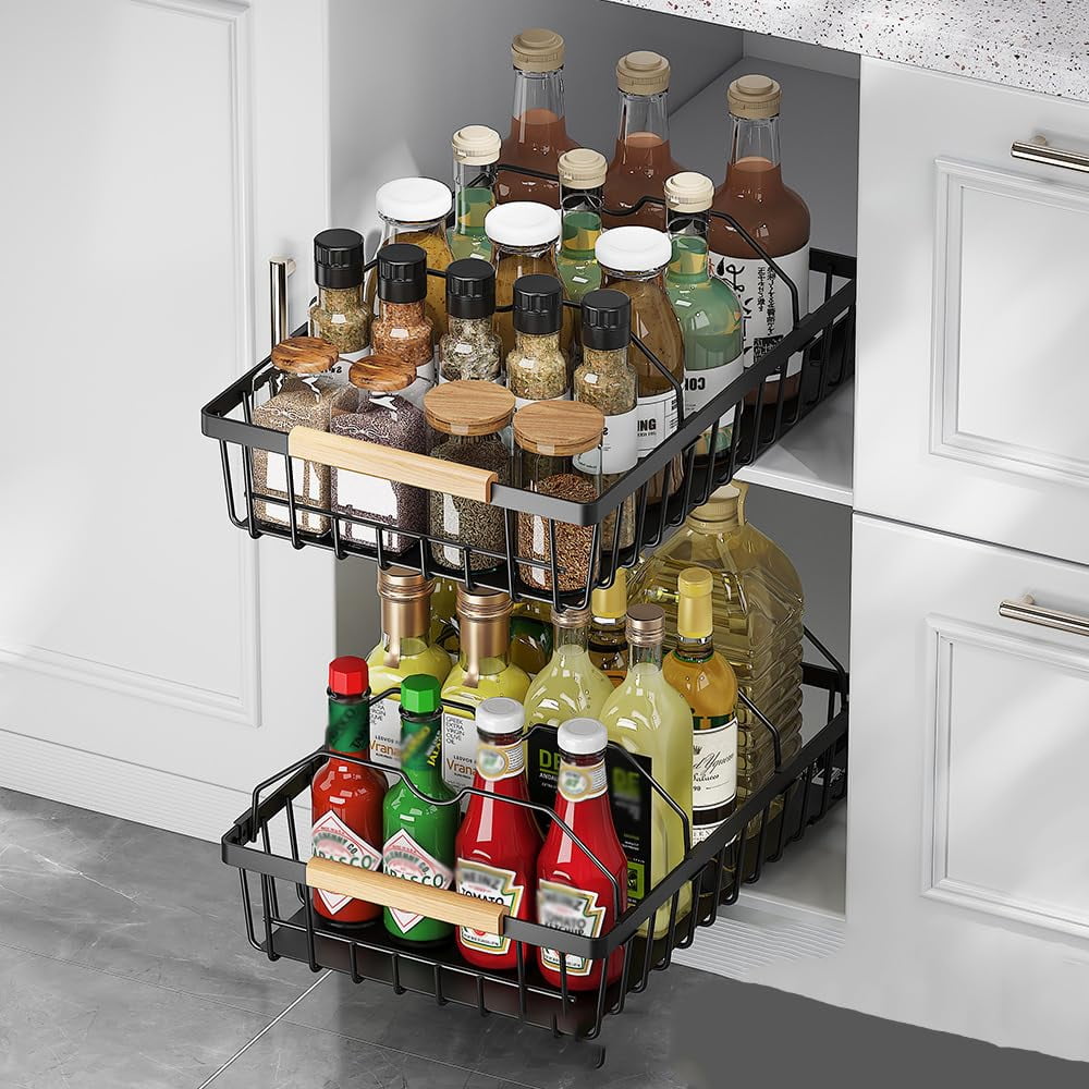 Sturdy Slide-Out Black Storage Basket - Easy Carry Pull-Out Cabinet Organizer with 2 Iron Wires - Durable Mesh Drawer Shelf for Kitchen or Pantry