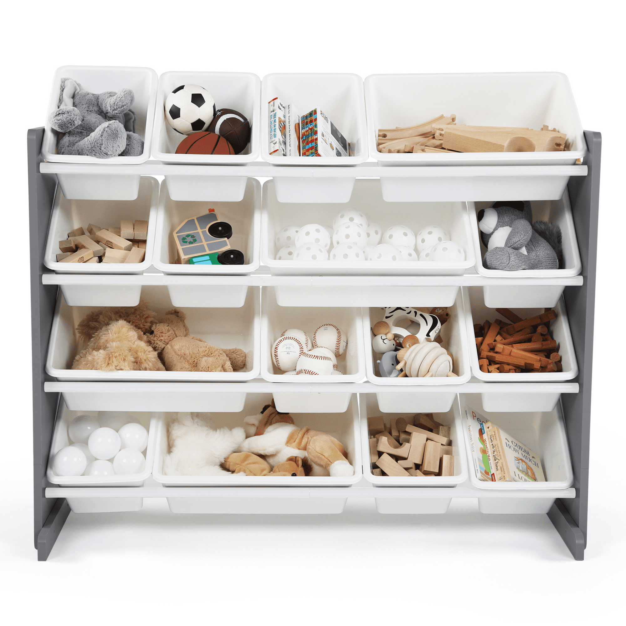 Humble Crew Storage Organizer with 16 Plastic Bins for Kids & Toddlers, Dark Grey/White