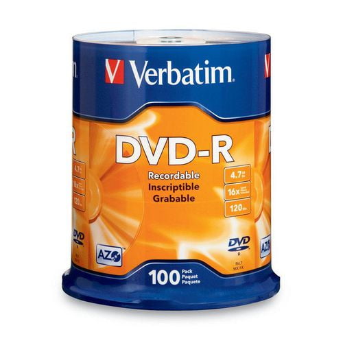 DVD-R Verbatim 100pk Les disques DVD-R 16X de Verbatim permettent aux utilisateurs d'enregistrer un disque de 4,7&nbsp;Go/120&nbsp;min en environ 5 minutes.