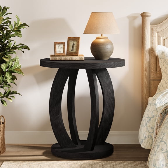 Tribesigns End Table, Round Side Table with Storage, Farmhouse Nightstand Bedside with Round Tabletop, Accent End Table for Living Room Bedroom Small Space, Wooden Accent Furniture