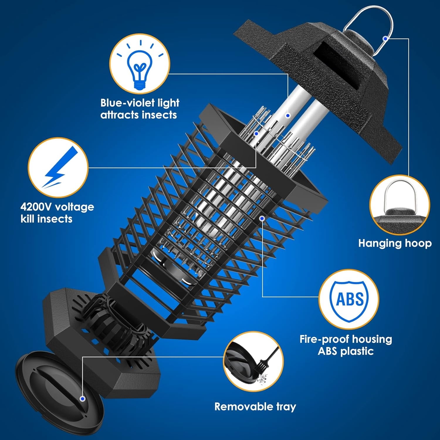Bug Zapper Outdoor, Mosquito Zapper, 3 Prong Plug in Electric Fly Zapper, Mosquito Killer, Fly Traps, Flying Insects Zapper Indoor Outdoor, 4200V, ABS Plastic Outer (Black)