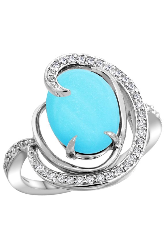 14k White Gold Natural Turquoise Ring Oval 12x10mm Diamond Accents, size 5