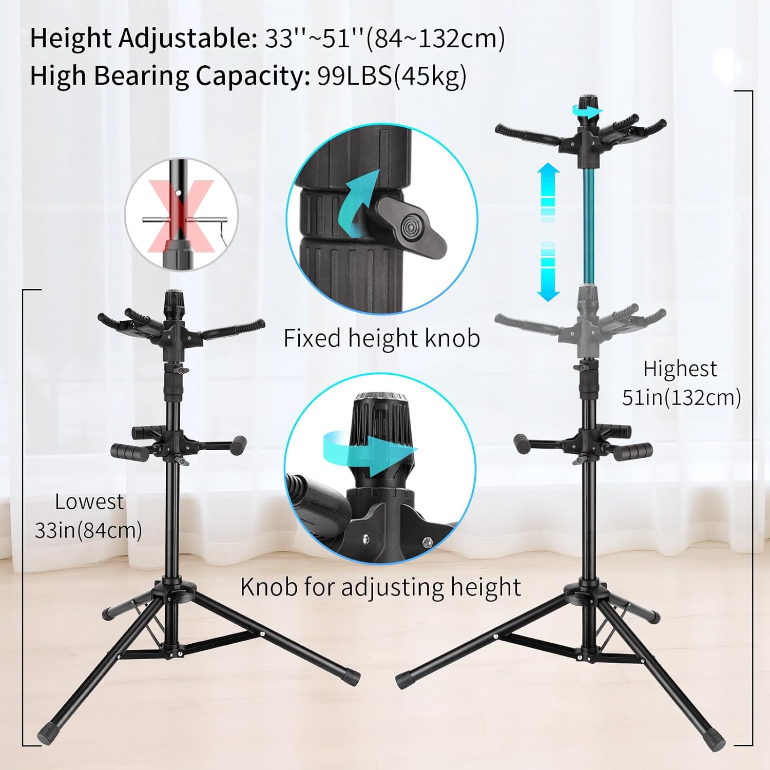 Triple Guitar Stand - Heavy Duty 3 Guitar Stand for Acoustic/Electric/Bass/Banjos, Auto-Lock Folding Design, Non-Slip Base & Anti-Rust - Portable for Stage/Travel/Studio GGS-06T