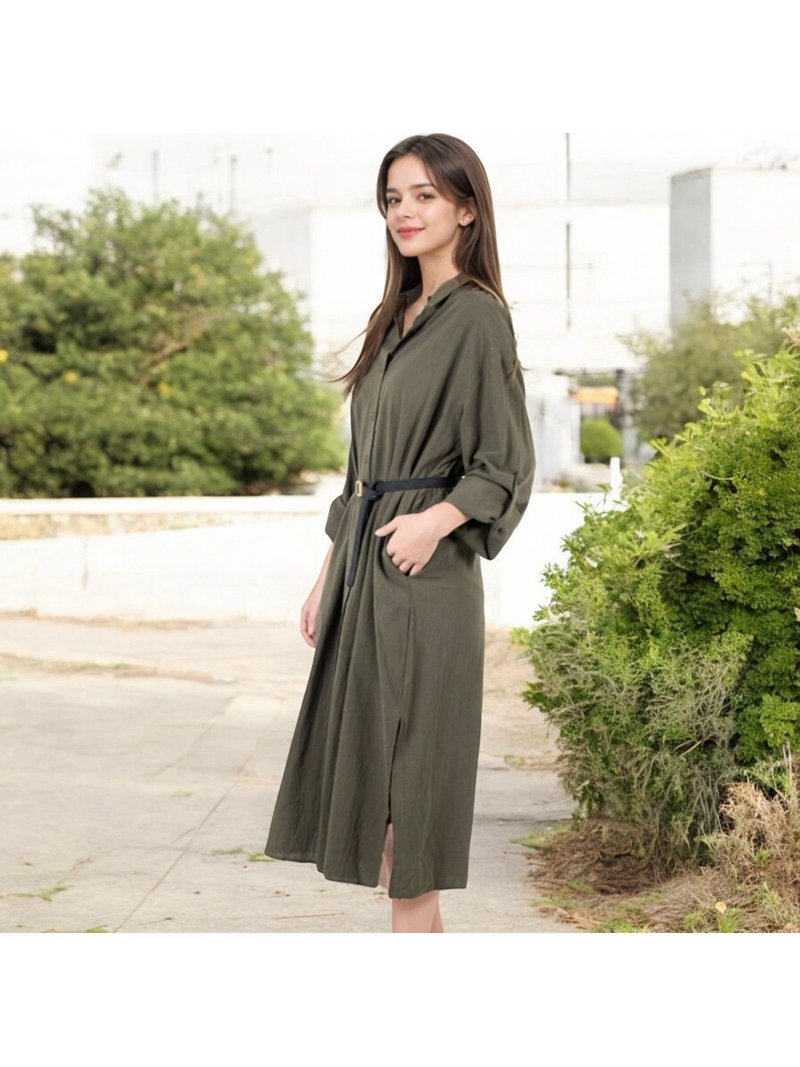 Women's Long Sleeve Button-Down Midi Shirt Dress with Pockets- Small, Olive Green